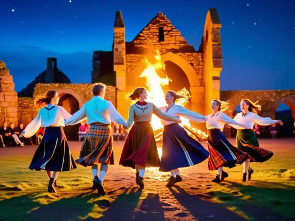 Un grupo de bailarines en trajes tradicionales gaélicos realizando la danza Céilidh bajo el cielo estrellado de Skye