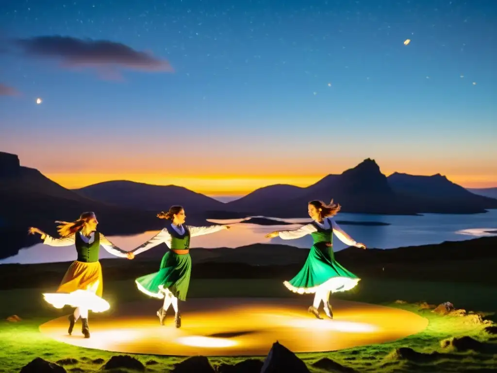 Grupo de bailarines en trajes tradicionales gaélicos danzando bajo el cielo estrellado en el festival de la tradición gaélica en Skye