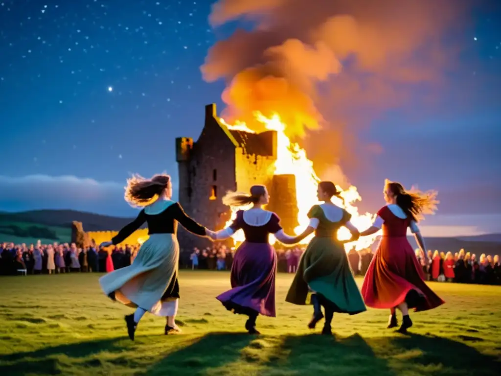 Grupo de bailarines con trajes tradicionales gaélicos bailando bajo el cielo estrellado en el festival de danza Skye, creando una atmósfera de tradición y celebración en la isla