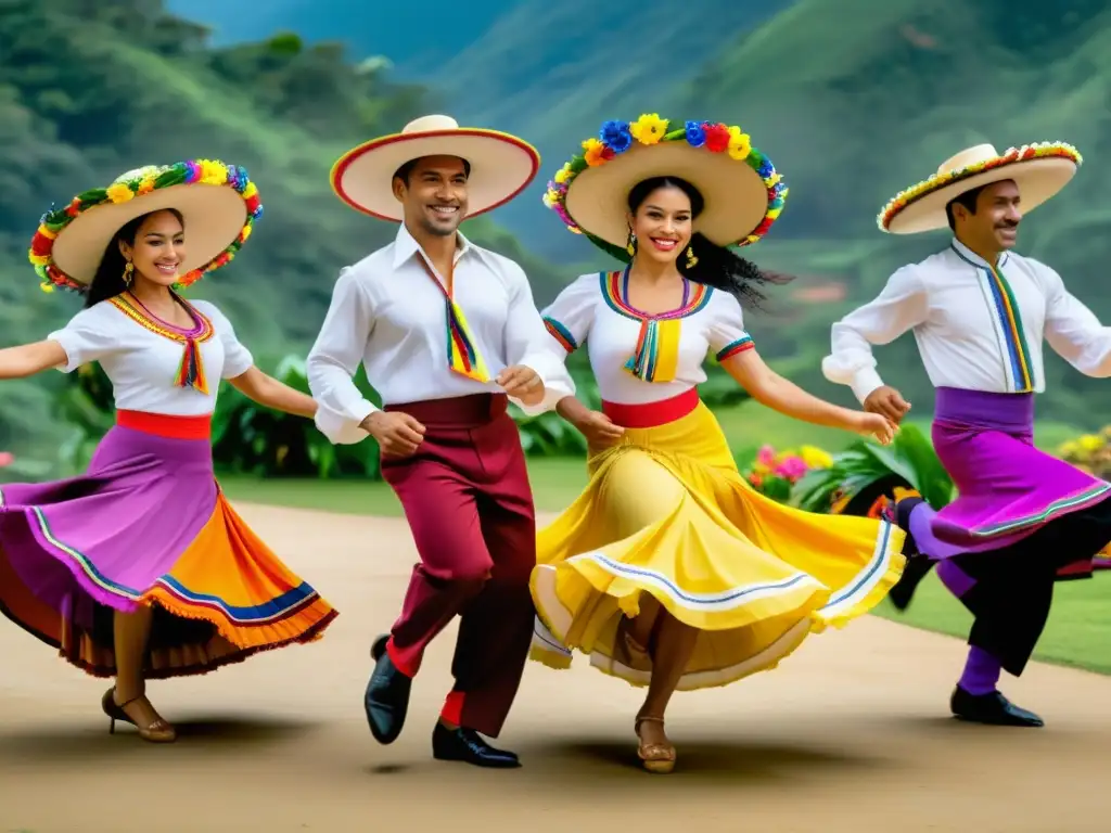 Grupo de bailarines en trajes tradicionales colombianos danzando al ritmo de la cumbia entre exuberante vegetación y flores coloridas