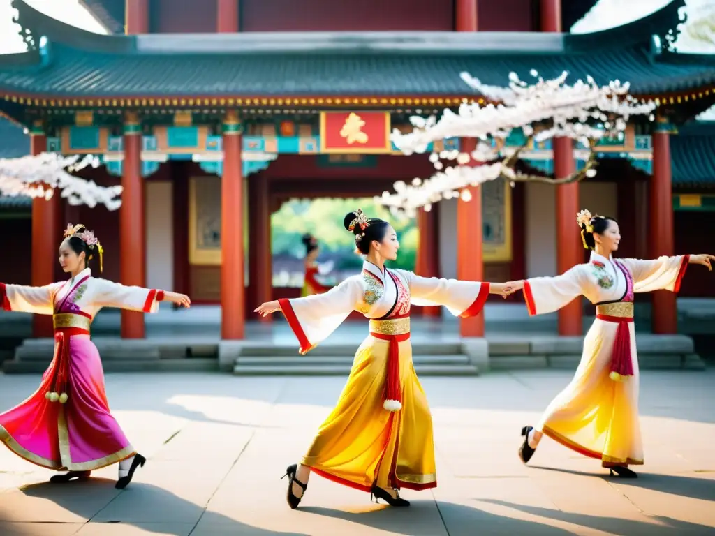 Grupo de bailarines en trajes tradicionales chinos realizando una danza elegante en un patio ornamentado, creando un ambiente encantador