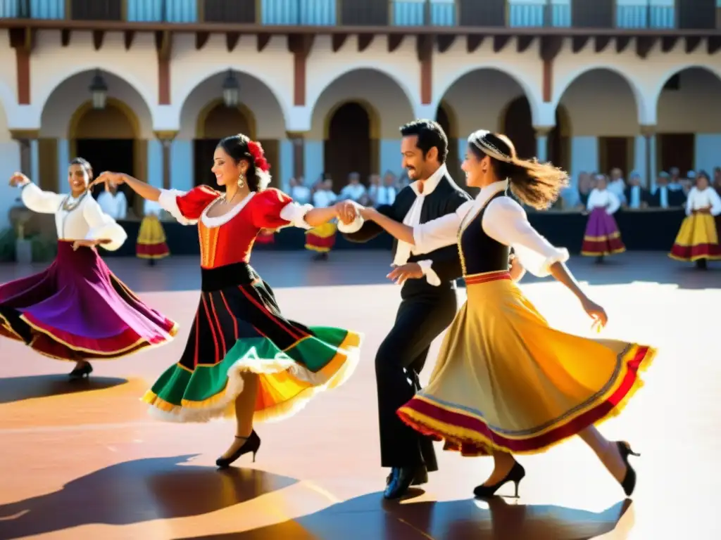 Grupo de bailarines en trajes tradicionales españoles realizando el Fandango y Jota en una plaza soleada