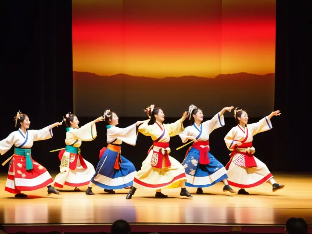 Grupo de bailarines con trajes tradicionales realizando la danza Awa Odori en el Festival de Tokushima, inmersos en la cultura y la pasión del evento