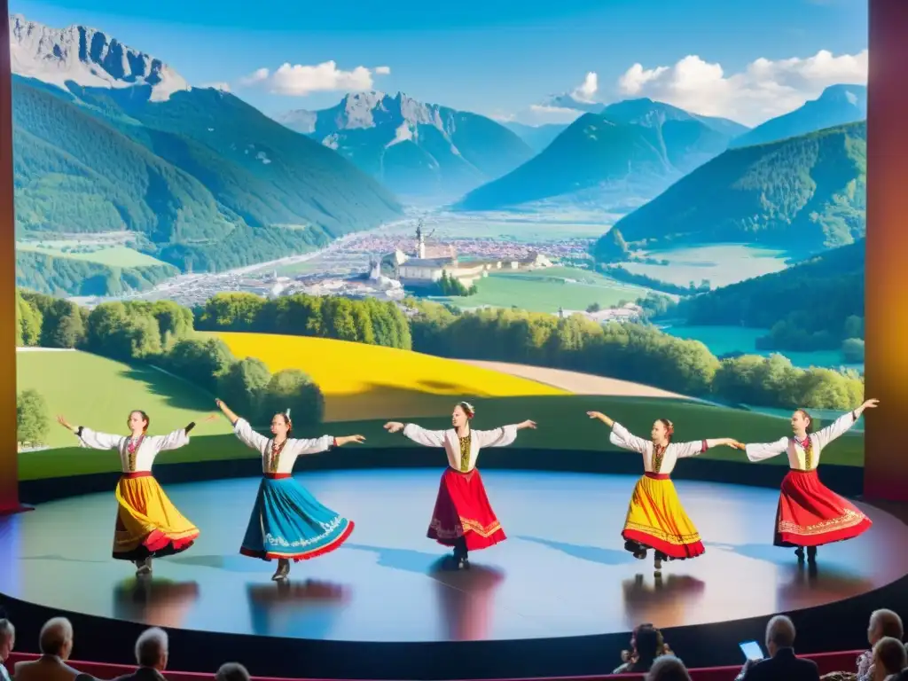 Grupo de bailarines en trajes tradicionales en el Festival de Salzburgo, danza vibrante en escenario pintoresco