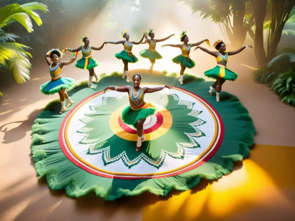 Danza AfroBrasileña: Elegancia y Color en la Naturaleza Grupo de bailarines en trajes tradicionales AfroBrasileños danzando en Salvador de Bahía con energía vibrante y colorida