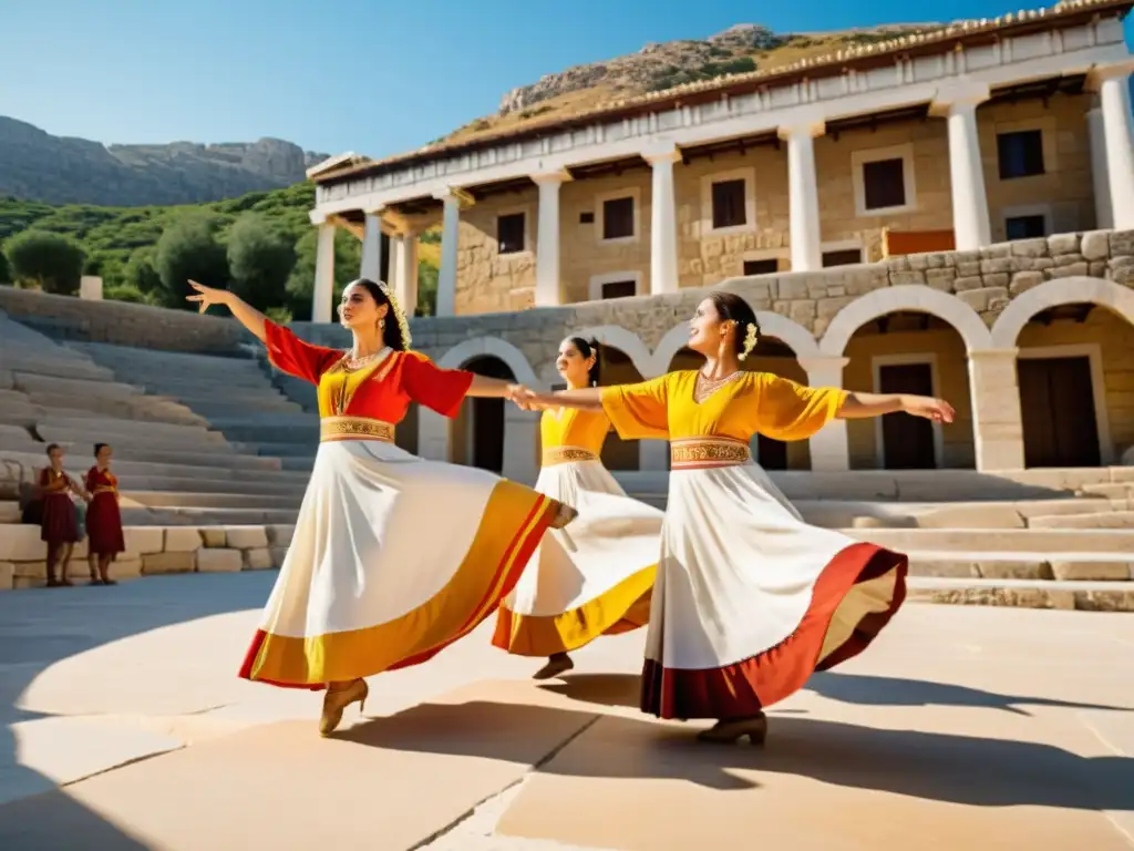 Un grupo de bailarines con trajes tradicionales griegos ejecutando una danza sincronizada bajo el cálido sol