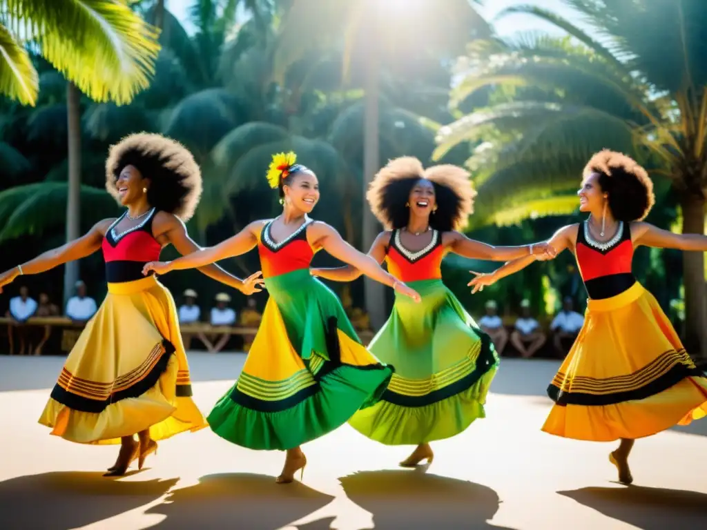 Danza AfroBrasileña: Celebración bajo las palmeras Grupo de bailarines en trajes tradicionales AfroBrasileños bailando en círculo bajo palmeras en Salvador de Bahía, expresando alegría y pasión