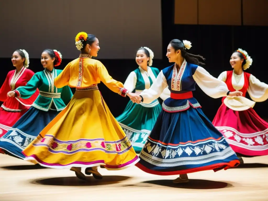 Grupo de bailarines con trajes tradicionales de diferentes culturas danzan juntos, inmersión profunda en las danzas tradicionales del mundo