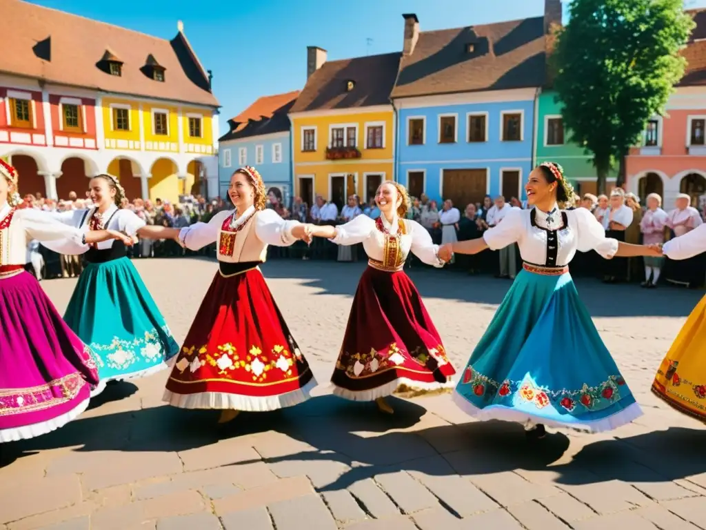 Grupo de bailarines en trajes tradicionales de Europa del Este danzando en la plaza del pueblo, rodeados de espectadores sonrientes