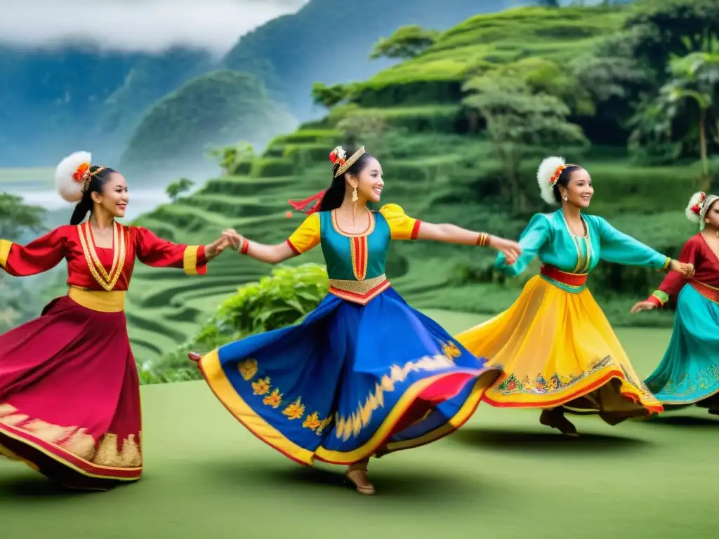 Un grupo de bailarines en trajes tradicionales realizando danzas ancestrales en un entorno natural