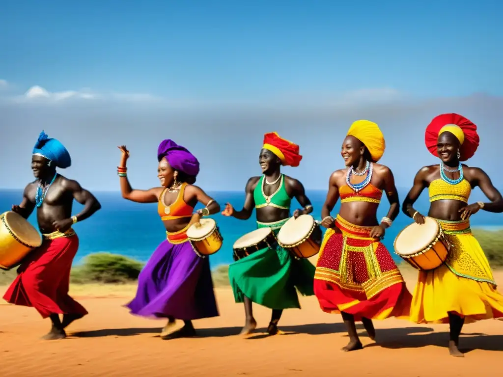 Grupo de bailarines en trajes tradicionales senegaleses danzando con energía en un retiro de danza y percusión en Senegal