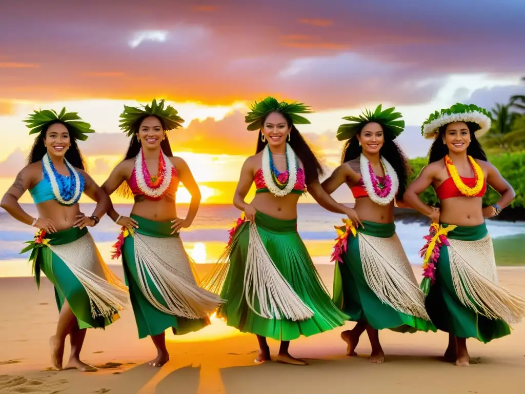 Un grupo de bailarines en trajes tradicionales polinesios realizan una cautivadora danza hula al atardecer en una playa pintoresca