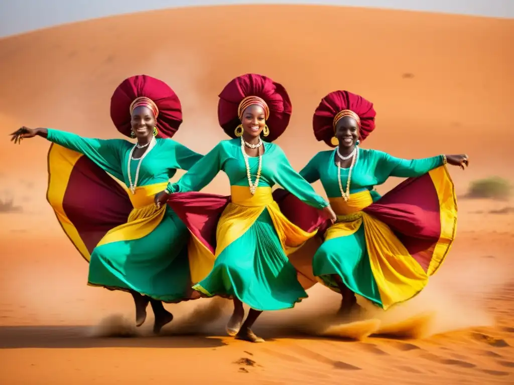 Grupo de bailarines en trajes tradicionales senegaleses realizan una rutina enérgica y sincronizada en la vibrante tierra de Senegal al atardecer