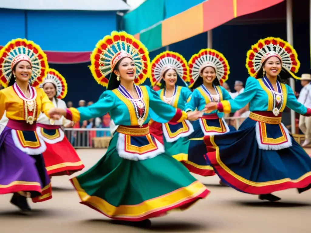 Grupo de bailarines en trajes tradicionales coloridos y vistosos, danzando en un festival de danza tradicional mundial