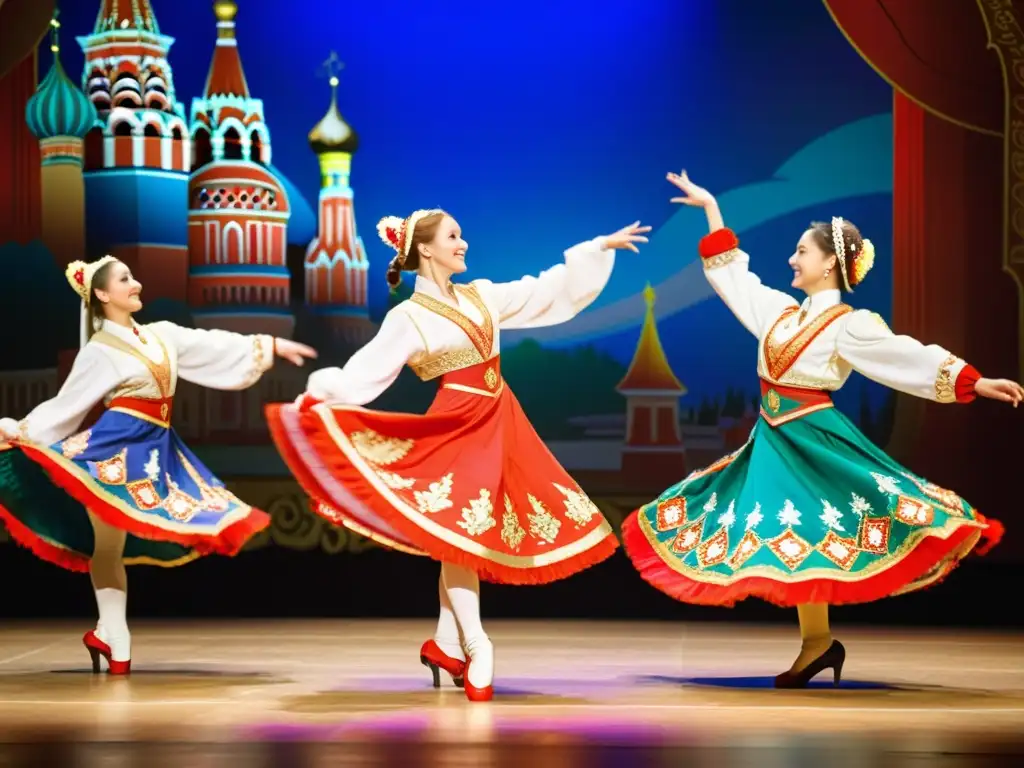 Un grupo de bailarines en trajes tradicionales rusos realiza un baile dinámico en un escenario vibrante