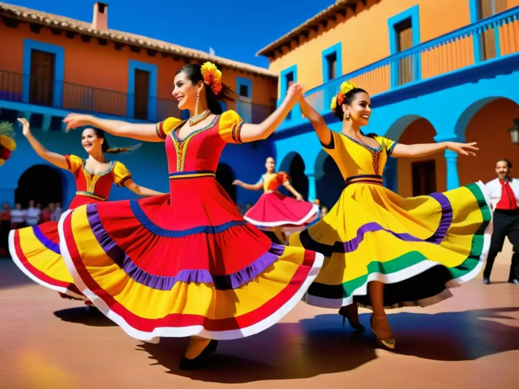 Grupo de bailarines en trajes tradicionales españoles realizando un animado Fandango