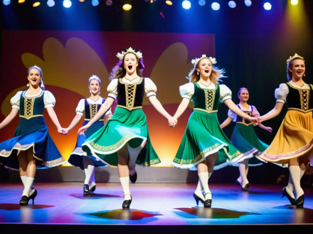 Un grupo de bailarines de Irish step en trajes tradicionales, ejecutando pasos precisos y expresiones intensas en un escenario