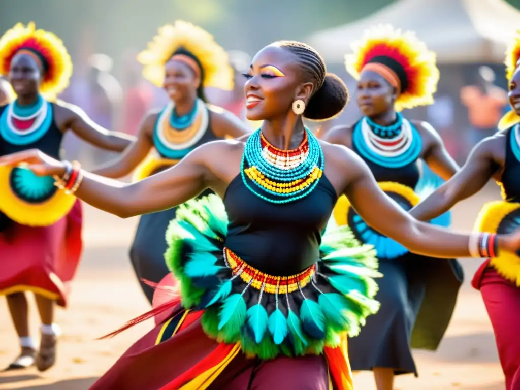 Un grupo de bailarines vistiendo trajes tradicionales africanos, danzando al ritmo de tambores tribales en un claro soleado del bosque