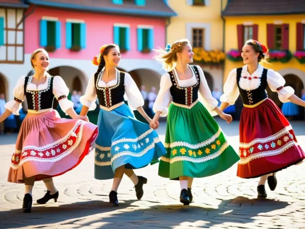 Un grupo de bailarines en trajes tradicionales de Europa Central realizando la animada Polka en una plaza del pueblo