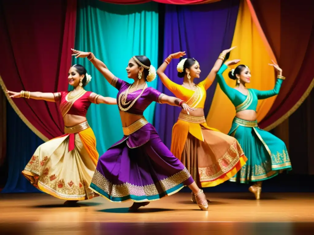 Grupo de bailarines en trajes tradicionales de la India realizando movimientos expresivos en un escenario colorido