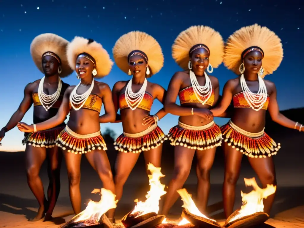 Un grupo de bailarines con trajes tradicionales africanos realizando una danza tribal alrededor de una fogata bajo un cielo estrellado