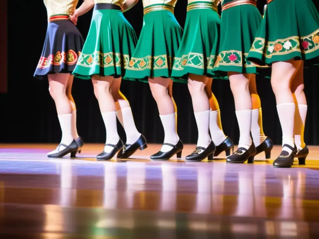 Grupo de bailarines en trajes tradicionales de danza irlandesa, ejecutando una rutina energética en perfecta sincronización