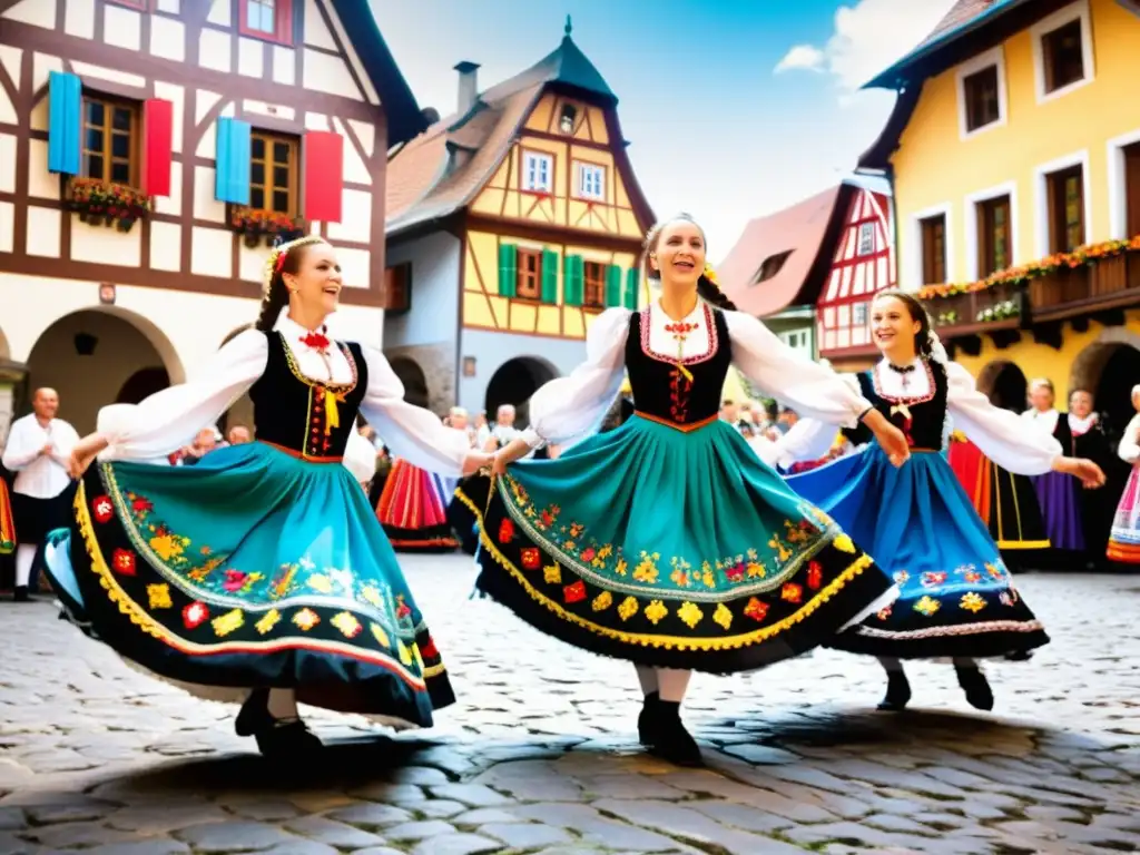 Grupo de bailarines con trajes tradicionales de Europa Central danzando alegremente en un pueblo pintoresco