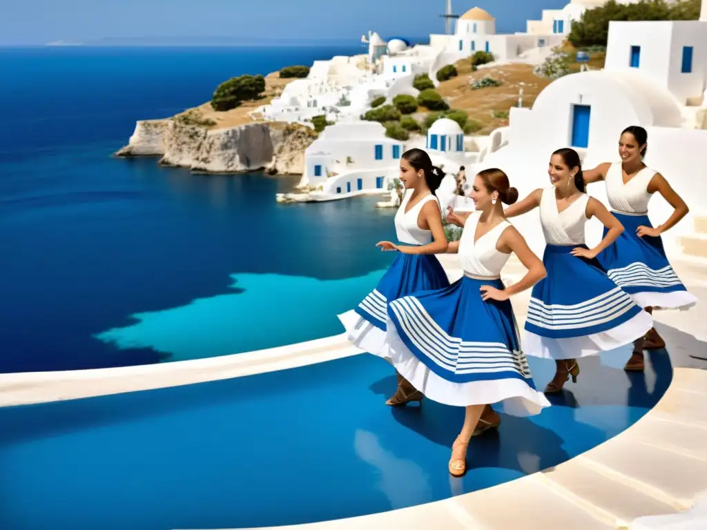 Grupo de bailarines en trajes tradicionales griegos realizando el animado baile Sirtaki en un entorno pintoresco