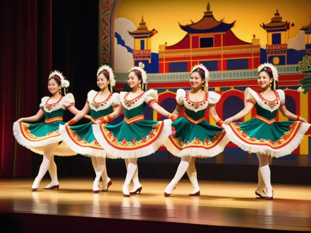 Grupo de bailarines en trajes tradicionales realizan una animada rutina en un teatro histórico decorado con detalle, iluminados por cálida luz teatral