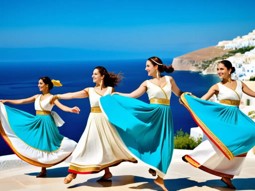 Grupo de bailarines en trajes tradicionales griegos, girando al ritmo del Sirtaki frente al mar, con telas vibrantes y bordados, transmitiendo la alegría y energía del baile