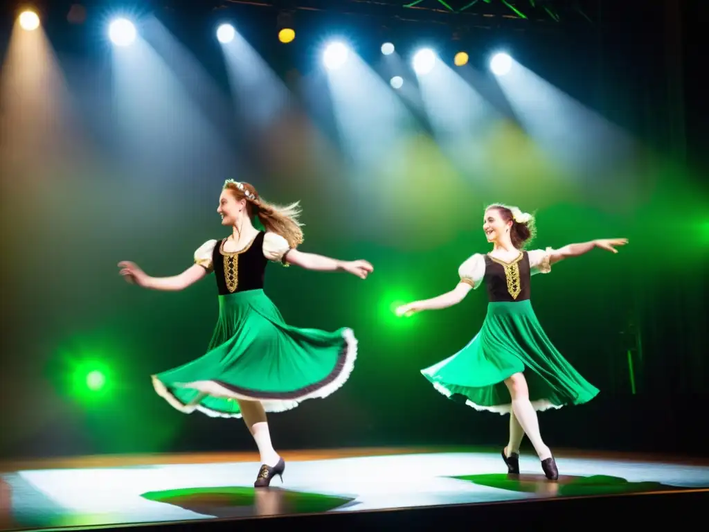 Grupo de bailarines en trajes tradicionales irlandeses actuando en un escenario iluminado