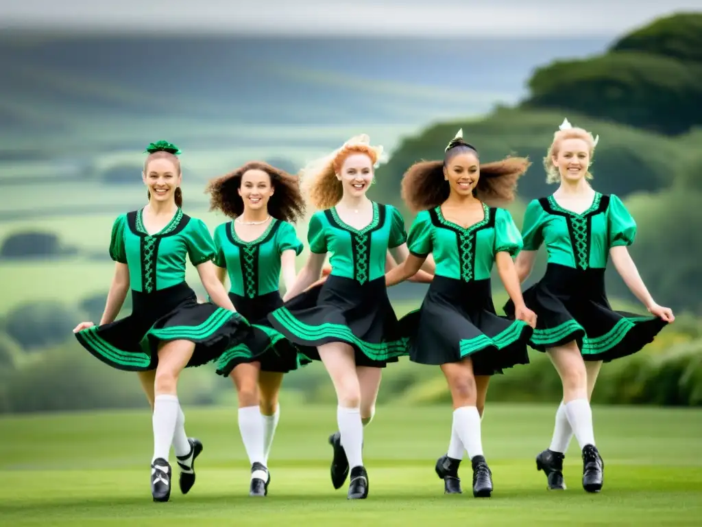 Grupo de bailarines en trajes tradicionales de danza irlandesa, ejecutando una actuación vibrante en un escenario con un paisaje verde exuberante