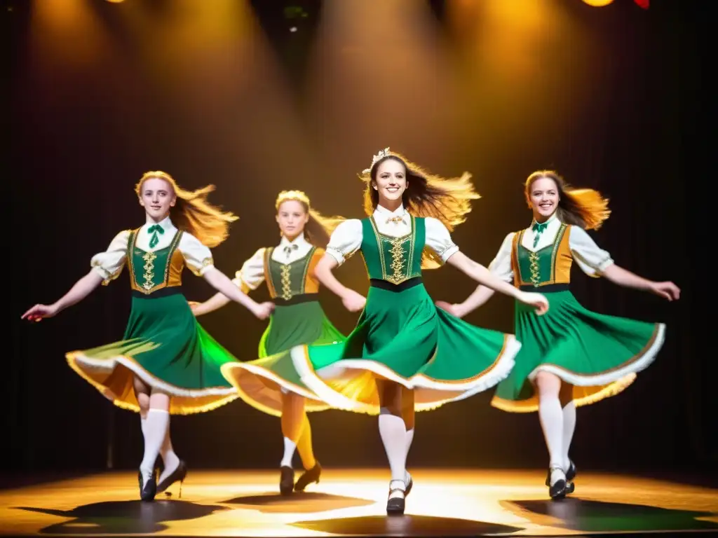 Un grupo de bailarines con trajes tradicionales irlandeses ejecutando un impresionante baile en un escenario iluminado