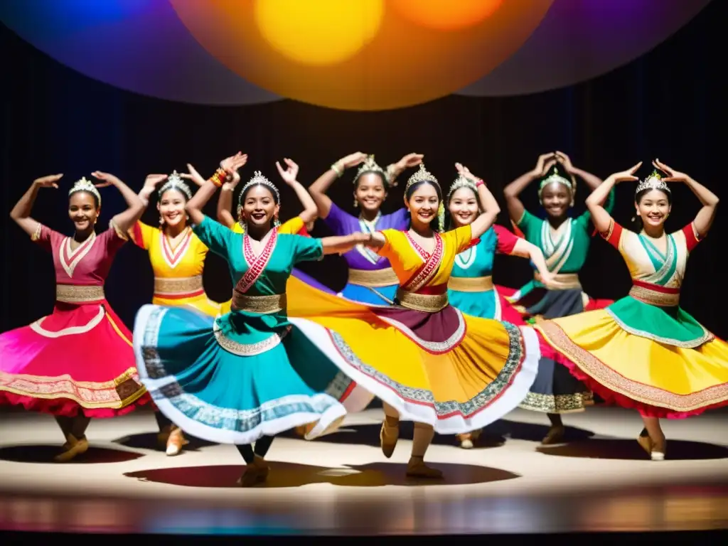 Grupo de bailarines en trajes tradicionales ejecutando técnicas de danza global con gracia y alegría en un escenario colorido