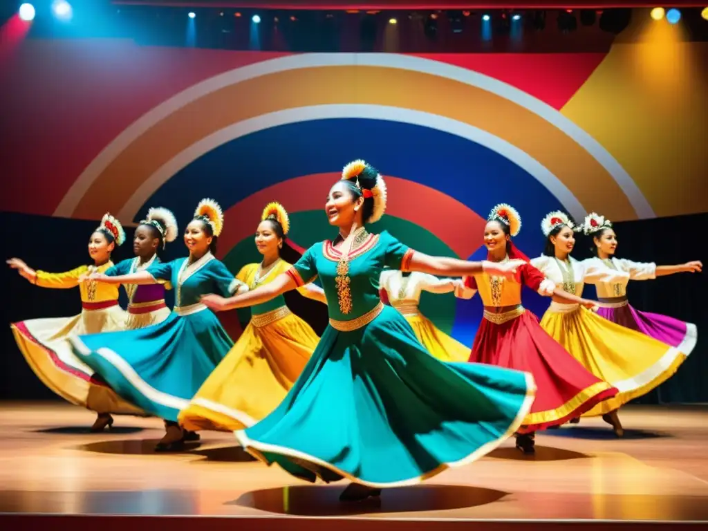 Grupo de bailarines en trajes tradicionales realizando danzas globales