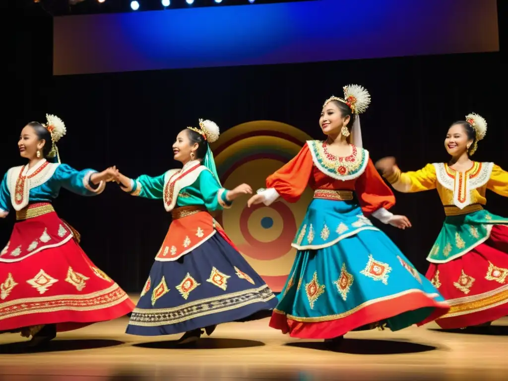 Un grupo de bailarines con trajes tradicionales coloridos y detallados, representando la evolución del vestuario en danzas típicas