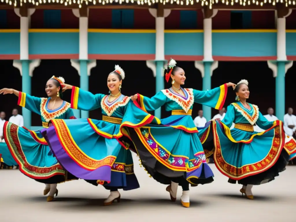 Grupo de bailarines con trajes tradicionales, expresando el significado cultural del vestuario de danza con gracia y energía