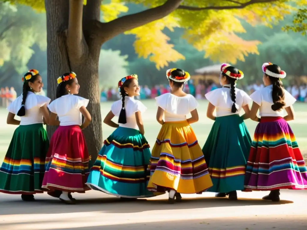 Grupo de bailarines con trajes tradicionales de México, preparándose para una presentación cultural