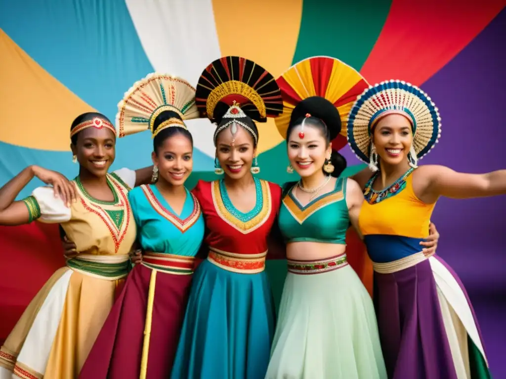 Un grupo de bailarines con trajes tradicionales de diferentes culturas, unidos en círculo, mostrando la influencia intercultural en el vestuario de danza