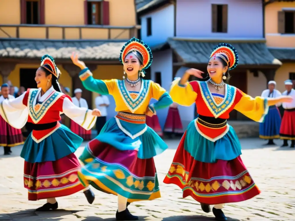 Grupo de bailarines en trajes tradicionales realizando una danza dinámica en la plaza del pueblo, impacto económico danza tradicional