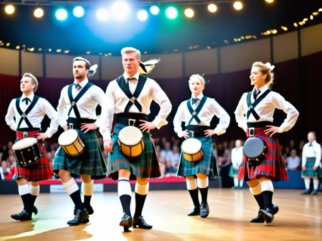 Baile escocés de las Tierras Altas con tambor en acción Un grupo de bailarines de Highland en trajes tradicionales escoceses, con un tambor mayor en el fondo marcando el ritmo para su actuación