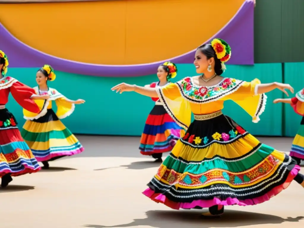 Grupo de bailarines con trajes tradicionales mexicanos, transmitiendo energía y significado cultural en una presentación folclórica