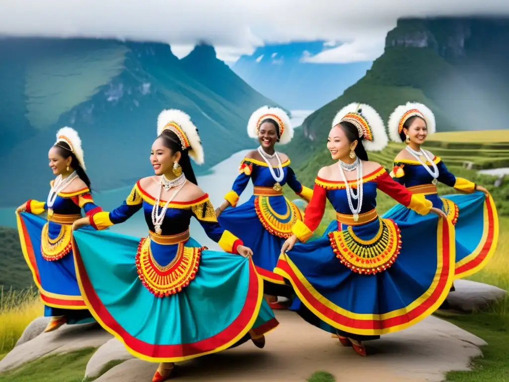 Grupo de bailarines en trajes tradicionales realizando una danza vibrante en un paisaje natural