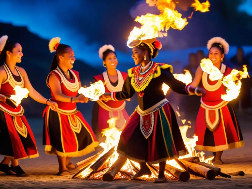 Grupo de bailarines en trajes tradicionales realizando danza ceremonial alrededor de una fogata, capturando el significado cultural de danzas tradicionales