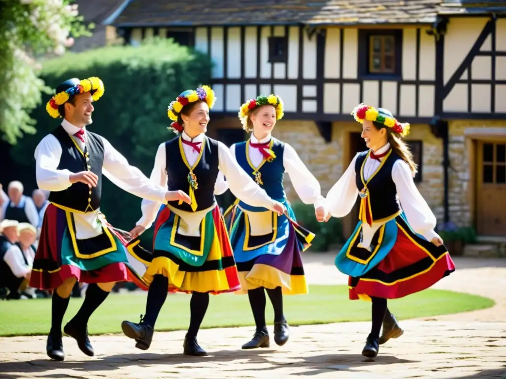 Grupo de bailarines de Morris en trajes tradicionales coloridos, danza folclórica inglesa en la plaza del pueblo, lleno de alegría y tradición