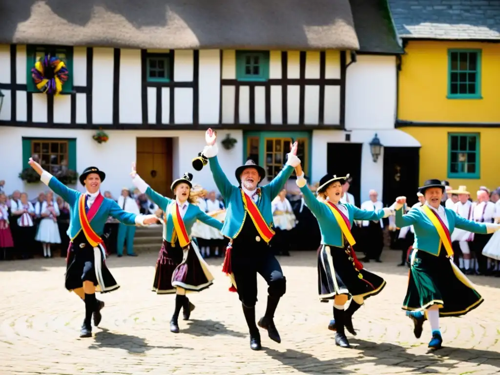 Un grupo de bailarines de Morris en trajes tradicionales, saltando en el aire con energía, rodeados de coloridas cintas y campanillas