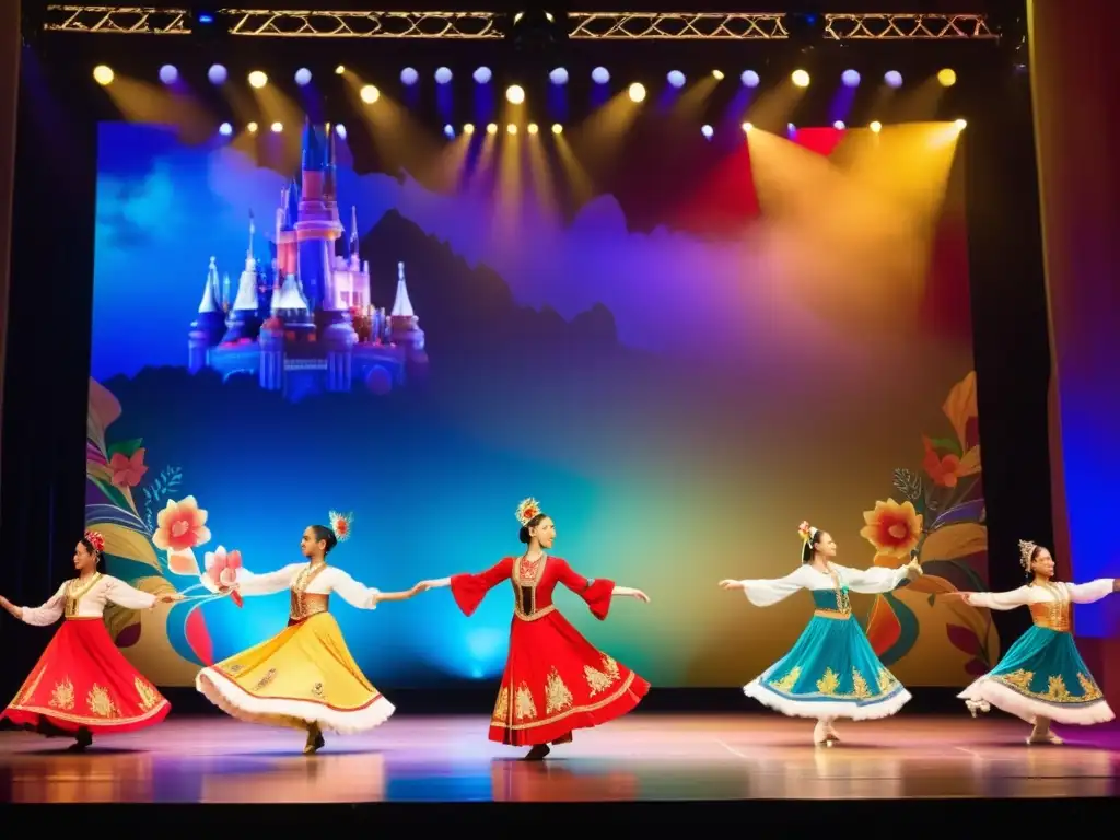 Grupo de bailarines en trajes tradicionales de todo el mundo, actuando en un escenario grandioso con decoración intrincada y luces coloridas