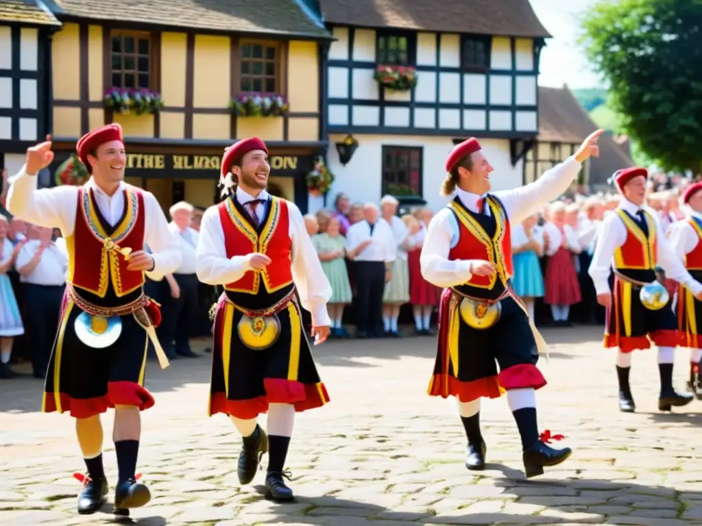 Grupo de bailarines de Morris con trajes tradicionales realizando una animada danza folclórica inglesa en una plaza del pueblo