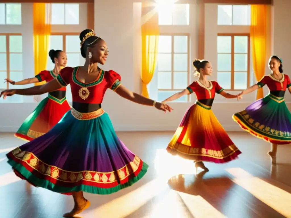 Un grupo de bailarines con trajes tradicionales realizando movimientos elegantes en un hermoso estudio decorado