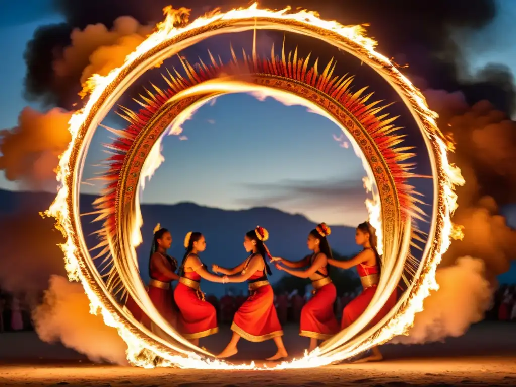 Grupo de bailarines en trajes tradicionales realizando danzas sagradas alrededor de un fuego en rituales ancestrales